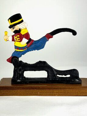 Vintage Cast Iron Nutcracker Man Soldier Lever 1950s Hand Painted on Wood Base